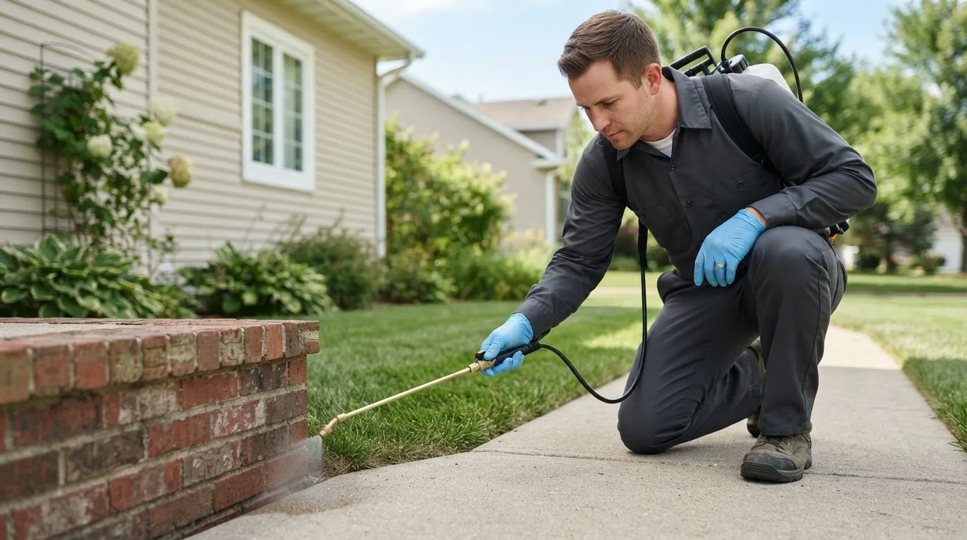 Pest control technician treating a home near Bleiblerville, TX