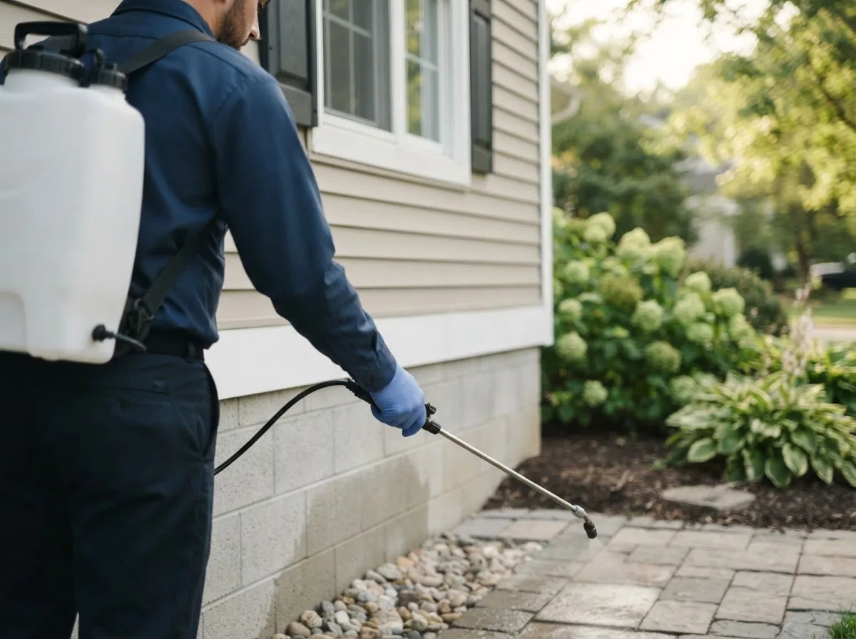 Pest control technician inspecting a home in Bleiblerville, TX